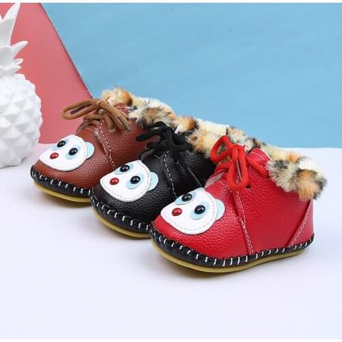 DOGEEK Winter 0-1 Years Old Baby Shoes PU Leather Toddler Shoes Plus Velvet Rubber Soft Bottom Anti-skid Strap Baby Shoes