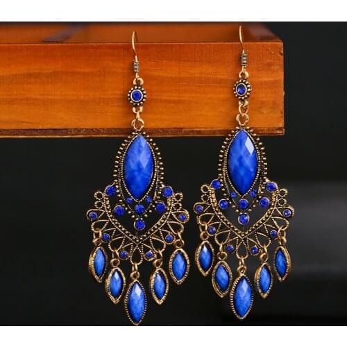 Elegant Vintage Bollywood Womens Blue Crystal Beads Tassel Earrings 2020 Bohemia Gold Alloy Wedding Earrings Hangers