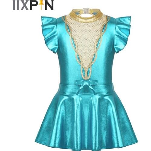 Girls Gymnastics Leotard Dress Halloween Showman Kids Dance Costume Short Flutter Sleeves Metallic Sparkly Sequins Keyhole Back