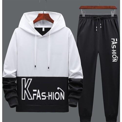 Mens Hooded Suit Men 2 Piece Set Men 2021 Spring Patchwork Sportswear Sweatshirt Casual Black Jogging Sweatpants Tracksuit Men