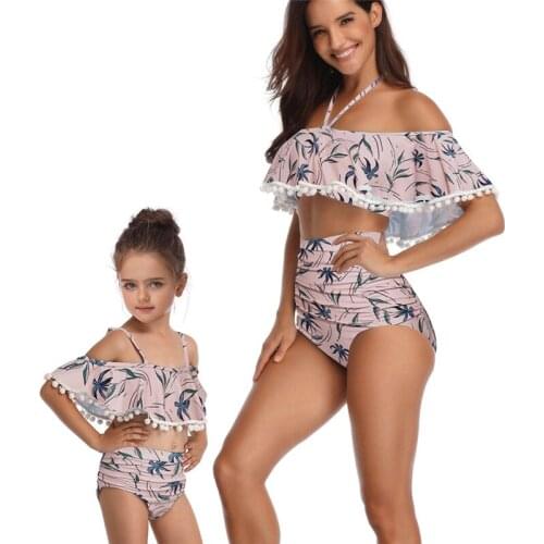 Family Matching Swimwear Mother Daughter Swimsuit Women Off Shoulder Bathing Suit Girls Tassel Floral Bikini Swimming Suit