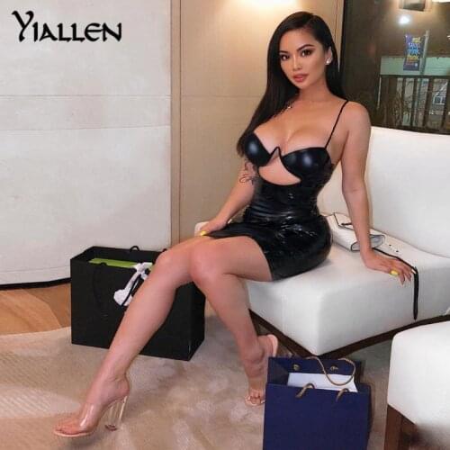Yiallen Summer PU Skin Women Dress Sexy Bodycon Party Dress Hollow Out Backless Dresses Elegant Festival Black Club Streetwear