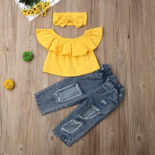 Fashion Girls Clothes Sets Kids Off Shoulder Ruffle Top Hole Denim Shorts Bowknot Headband 3Pcs Outfits Summer Clothing for 1-6Y