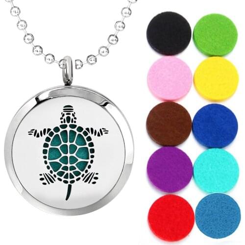 Stainless Steel Diffuser Necklace Pendant Women Jewelry Making 30mm Turtle Essential Oil Perfume Locket With 10pcs Pads Gift