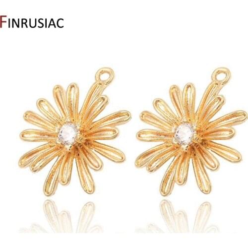 Jewellery Making Supplies 14k Real Gold Plated Inlay Zircon Daisy Flower Pendant DIY Necklace Earrings Charms Wholesale