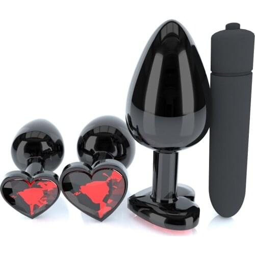Plating Black Metal Anal Plug Romantic Red Heart Crystal Base Mooth Butt Plug Anal Bead Couple Anus Dilator Metal Ball Massager
