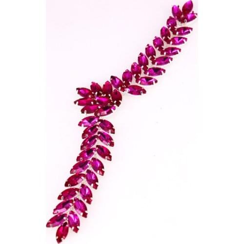 Plating sliver sew on Applique Wedding dress decoration accessories Rose rhinestone leaves patch Crystal long applique