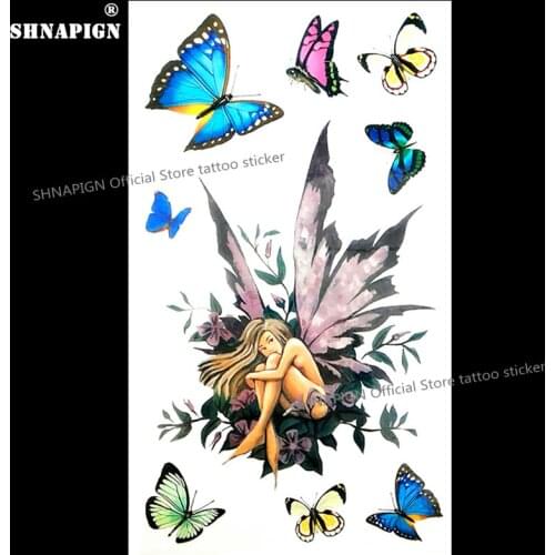 SHNAPIGN Butterfly Fairy Lady Temporary Tattoo Body Art Arm Flash Tattoo Stickers 17*10cm Waterproof Fake Henna Painless Sticker