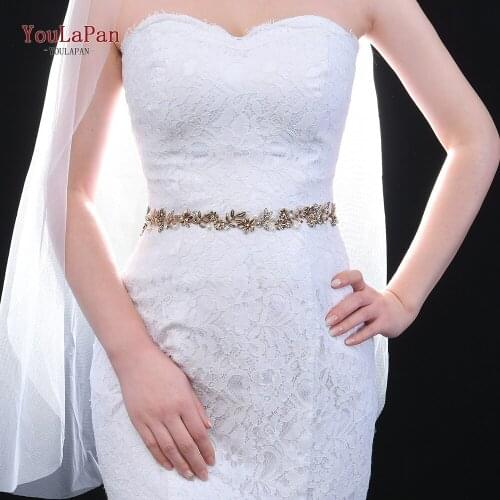 TOPQUEEN SH355 Flower Rhinestone Bridal Belt Gold Wedding Belt Crystal Pearl Wedding Dress Belt Fancy Bridal Sash Belt