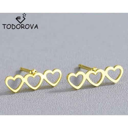 Todorova Lovely Three Heart Earrings for Women Female Fashion Jewelry Love Heart Stud Earrings pendientes mujer moda