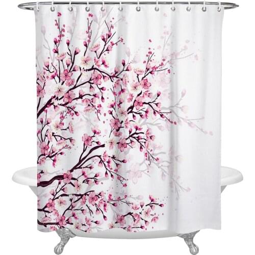 Waterproof Shower Curtains Cherry Blossom Plum Branch Pink White Shower Curtain Frabic Polyester Bathroom decor Curtain