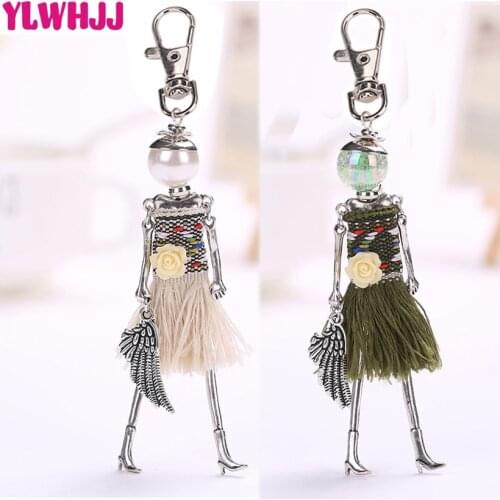 YLWHJJ 2017 Modern Design Cute Doll Women keychain Tassel Car Pendant Girl Resin flower key chain Statement Jewelry Wing Fitting