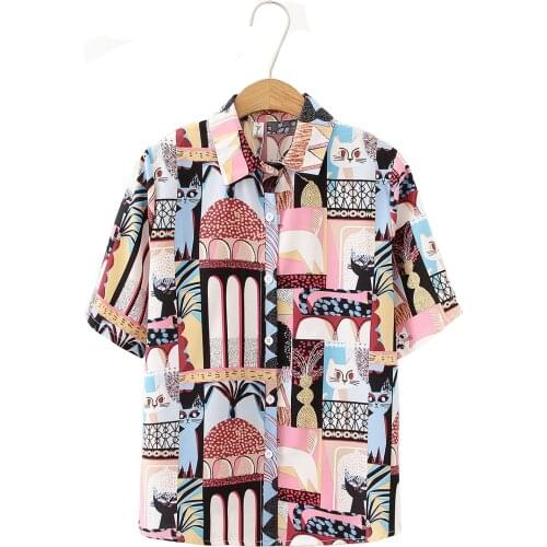 2021 Woman Summer Cartoon Fashionable Cat Print Chiffon Short Sleeve Shirt