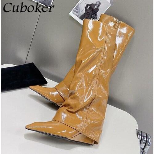 Pointed Toe Over The Knee Women Boots Brown Patent Leather ZIP Brand Designer Female Long Boots Autumn Winter Modern Boots Women