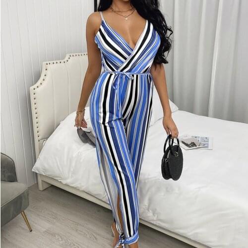 Women Jumpsuit sling V-neck Striped Colorblock Pocket Design Slit Leg Jumpsuit 2021 summer new