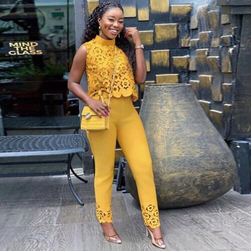 Womens Tracksuit Hollow Out Two Piece Pant Suit High Necked Sleeveless Tank Tops and Pencil Long Trouser Office Lady 2pcs Sets