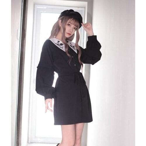 New Harajuku Gothic Girl Fashion Embroidery Print Detachable Long Sleeve Dress Temperament Slim Sweet Kawaii Black Dress