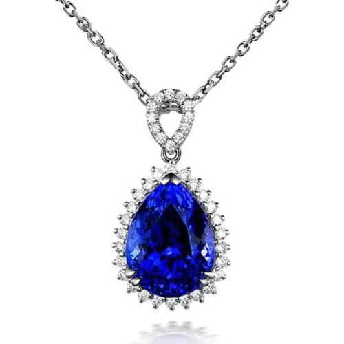925 New Luxury Temperament Simulation Drop-shaped Sapphire Color Large Gemstone Pendant Necklace For Women Jewelry Wholesale