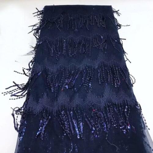 African lace fabric (5yards/pc) fashion tassels lace navy blue French net lace fabric with sequins for party dress FJY165