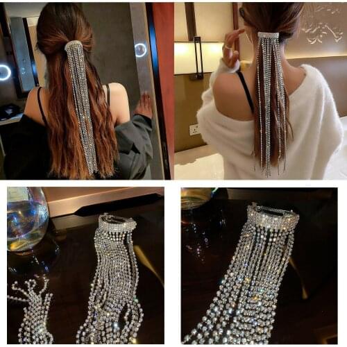 Shine Full Rhinestone Hairpins Hair Clips for Women Bijoux Long Tassel Crystal Hair Accessories Wedding Banquet Jewelry Gift