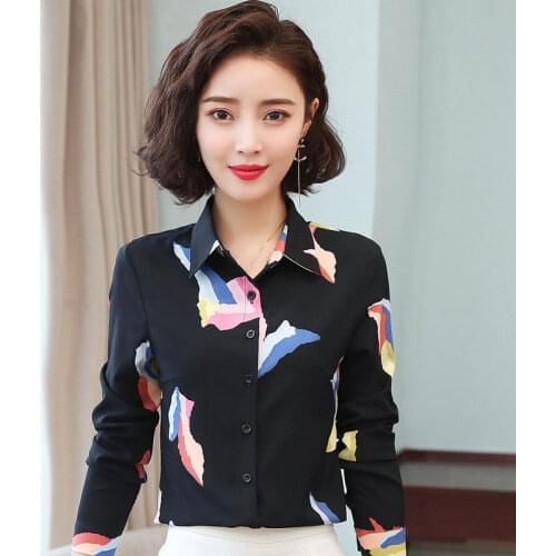 Women Shirts Temperament Elegant Print Polo-Neck Long Sleeve Blouses Femme Chiffon Stylish Spring Summer Tops Blusesr MM0807