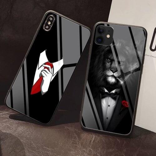 Man shirt tie smoking lion cat Phone Case Tempered Glass For iPhone 12 Pro Max Mini 11 XR XS 8 X 7 6S 6 Plus SE For iPhone case