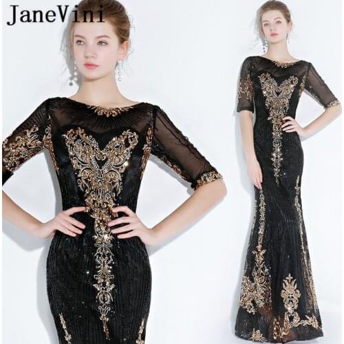 JaneVini Black Mermaid Mother Of The Bride Dresses With Gold Sequins Long Luxury Evening Dress For Wedding Party Gala Jurken