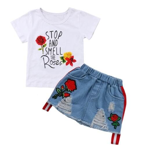 US Summer fashion Toddler Kids Baby Girl Short Sleeve Flower Tops+ Hole Denim Skirt Outfits Clothing Sets