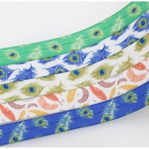 DHK 5/8'' 50yards Feather Peacock Printed Fold Elastic FOE Stretch Ribbon Hairbow Headwear Headband DIY OEM S1486