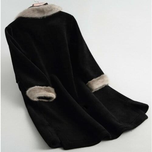 Long Fashion 100% Wool Real Fur Coat Women with Mink Fur Collar Winter Warm Black Jackets Female Outerwear 68288 LW397