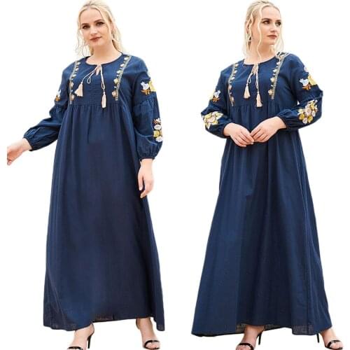 Ethnic Embroidery Muslim Women Long Maxi Dress Arab Casual Loose Abayas Islamic Clothing Ramadan Turkish Dubai Kaftan Jilbab Eid