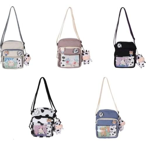 Harajuku Cow Pattern Canvas Bag Women Shoulder Messenger Transprant Crossbody Bags with Cute Pendant