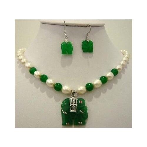 White pearl green natural jade elephant pendant necklace earring set