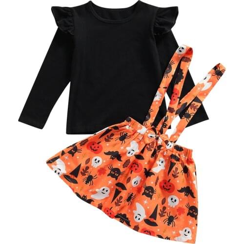 2 Pieces Kids Suit Set, Halloween Solid Color O-Neck Long Sleeve Tops+ Ghost Print Suspender Skirt for Toddler Girls, 1-5 Years