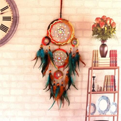 Colorful 5 Rings Dream Catcher Handmade Feather Wall Hanging Indoor Home Decoration Bedside Wind Chime Pendant Girls Kids Gift
