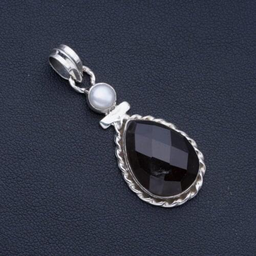 Natural Smoky Quartz and River Pearl Punk Style 925 Sterling Silver Pendant 1 3/4" P0922