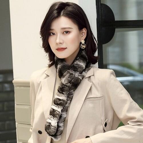 Lantafe Women Long Scarf Real Fur Winter Scarf Tie Type Thickening Splicing Material Chinchilla Fur Fluffy Warm High Quality