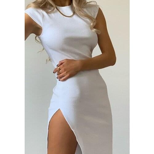 Summer Dress Women Sexy Bodycon O Neck Slit Short Sleeve Midi Solid Black White Party Dress Women