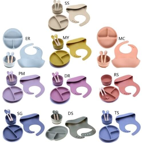 5PCS/Set Baby Feeding Tableware BPA Free Food Grade Silicone Bowl Bib Placemat Fork Spoon Feeding Set Baby Supplies for