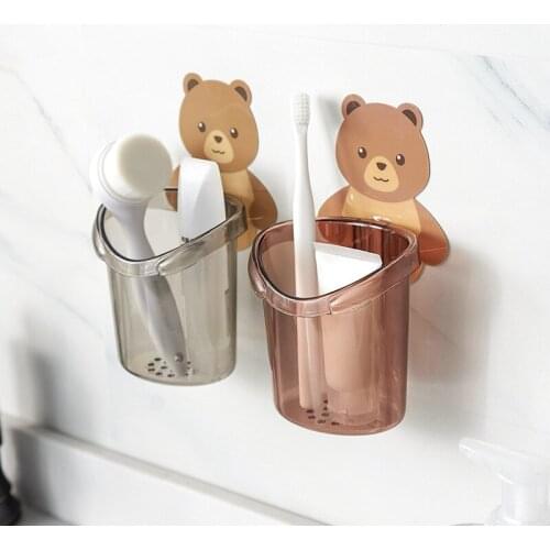 Wall-mounted Toothbrush Cup Holder Bear Shaped Free Punching Adhesive For Bathroom Toothpaste Toiletries Organizer Storage