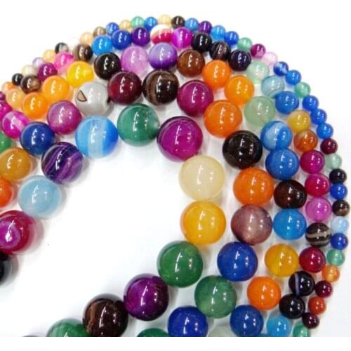 Natural Gem Stone Bead Mix Colorful Stripe Agates Round Strand Beads 4/6/8/10/12/14MM Fit Diy Handmade Beads Jewelry Making