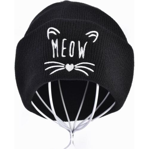 New lady cat embroidery cotton cap fashion MEOW MEOW lady cute 100% cotton Skullies hat Hip hop girl winter warm hat