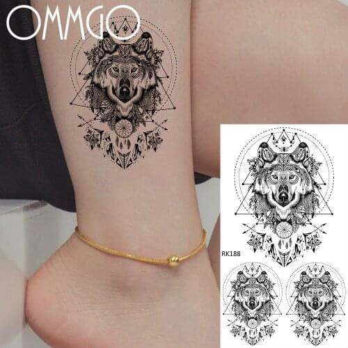 OMMGO Black India Tribal Wolf Temporary Tattoos For Women Dreamcatcher Waterproof Cute Geometric Tattoo Sticker Fake Kids Tatoos
