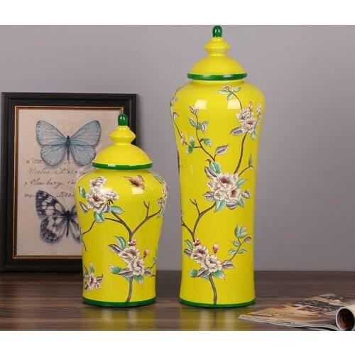 Wholesale hand printed jar Home goods yellow glazed porcelain Ginger jar with lids