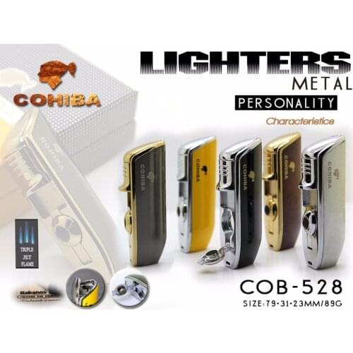 Original COHIBA Tool Pocket Size Gloss Yellow Metal Snake Mouth Shape Butane Gas Windproof 3 Torch Flame Cigarette Cigar Lighter