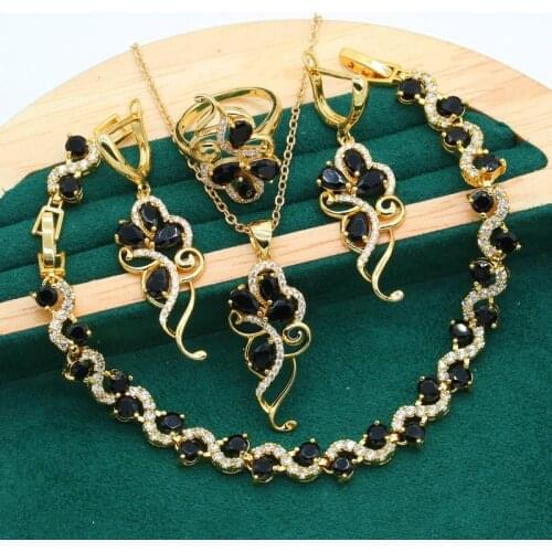 Personalized Gold Color Jewelry Set for Women Wedding Black Zircon Bracelet Earrings Necklace Pendant Bride Ring Gift