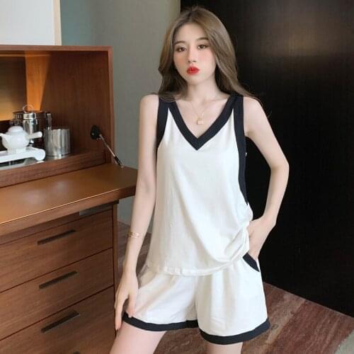 Women V-Neck Vest Shorts 2PCS Pajamas Suit Summer New White Modal Sleepwear Casual Sports Sleeveless Home Wear Loose Nightwear