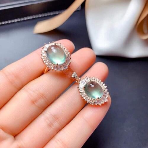 Prehnite Jewelry set Natural And Real Prehnite Set 925 sterling silver Fine jewelry 1pc ring,1pc Pendant