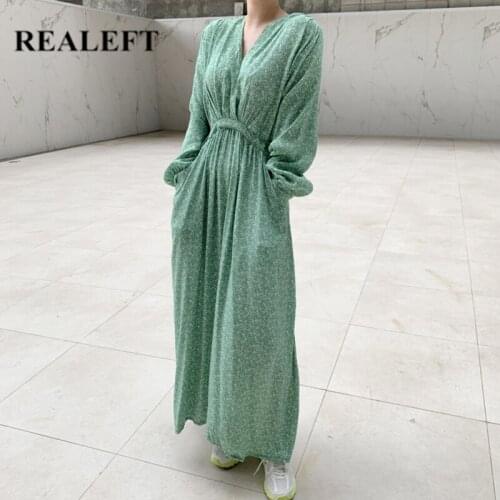 REALEFT 2021 New Summer Women Boho Long Beach Dress Chic V-Neck Lantern Sleeve Floral Print Pockets High Waist Maxi Loose Dress