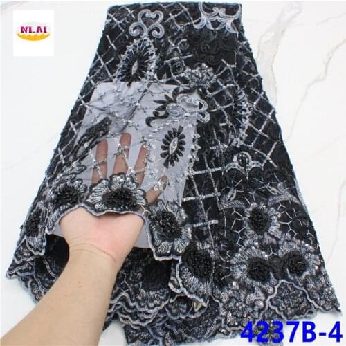 Luxury Beads Lace Handmade Fabric French Wedding Dress Latest Nigeria Black Embroidery Beaded Lace For Wedding Party NA4237B-1